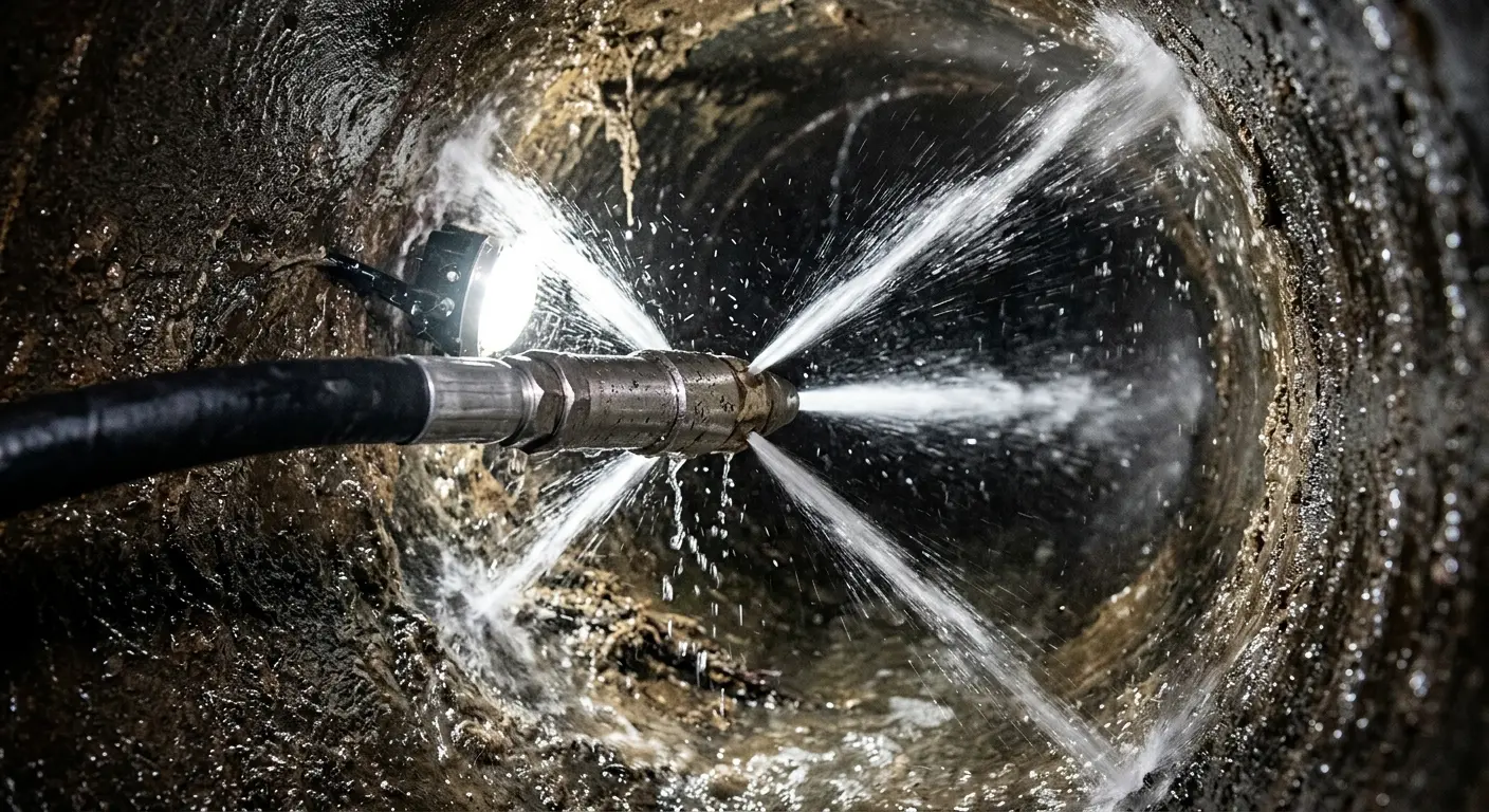 High-pressure hydro jetting nozzle cleaning sewer pipe for Emergency Drain Service in Fort Meade