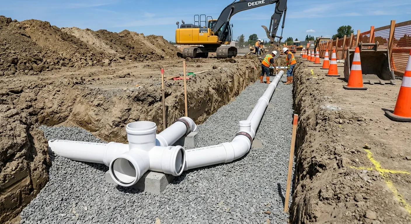 New PVC sewer pipe installation in open trench for Commercial Drain Cleaning in Fort Meade