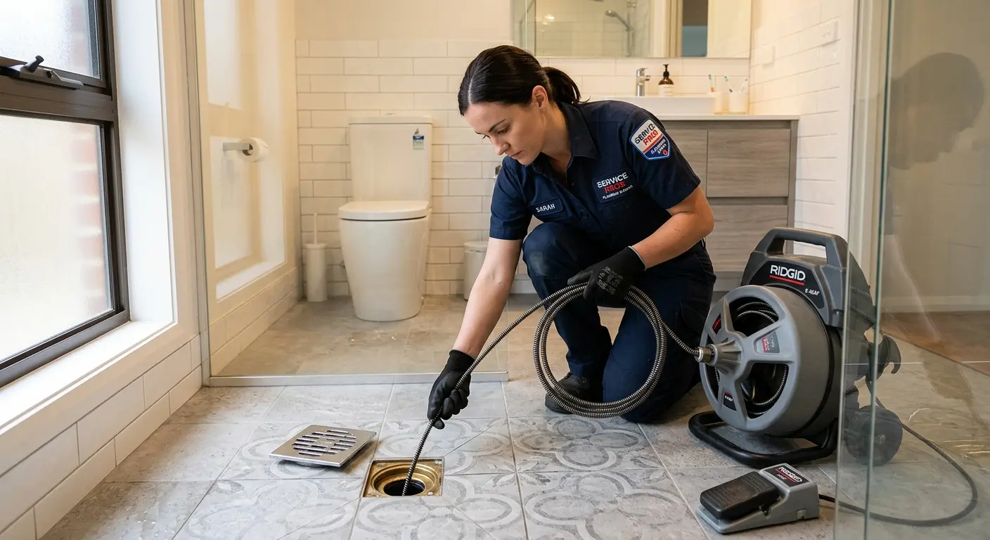 Technician clearing a bathroom floor drain for Drain Repair in Fort Meade